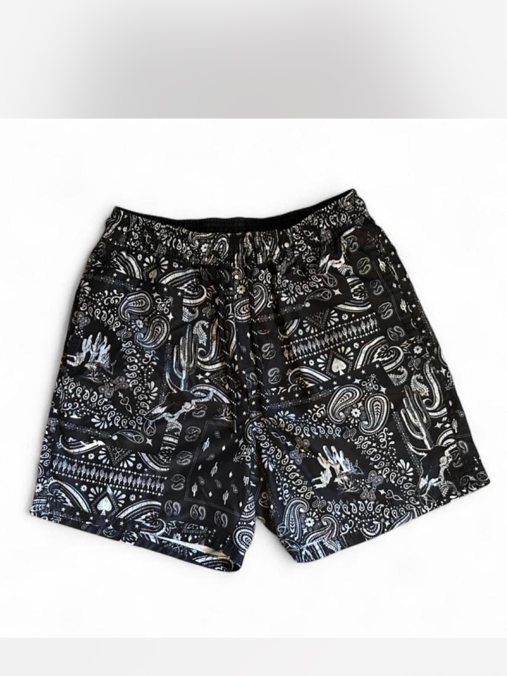 Black&White Bandana Print Swim Trunks